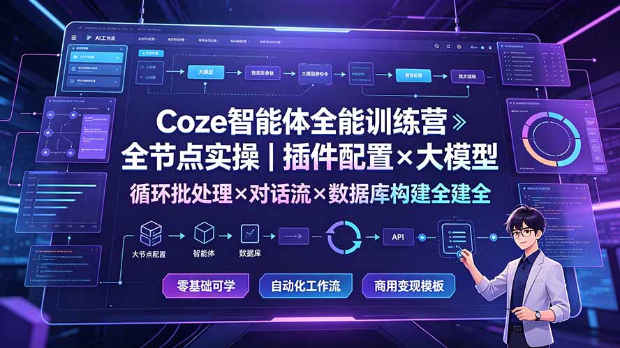 （19324期）Coze智能体全能训练营：全节点实操｜插件配置×大模型×循环批处理×对话流×数据库构建全教学-靠谱项目库