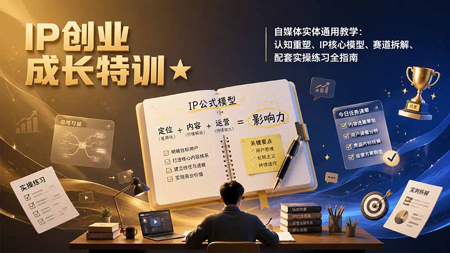 （19567期）IP创业成长特训★自媒体实体通用教学：认知重塑、IP核心模型、赛道拆解、配套实操练习全指南-靠谱项目库