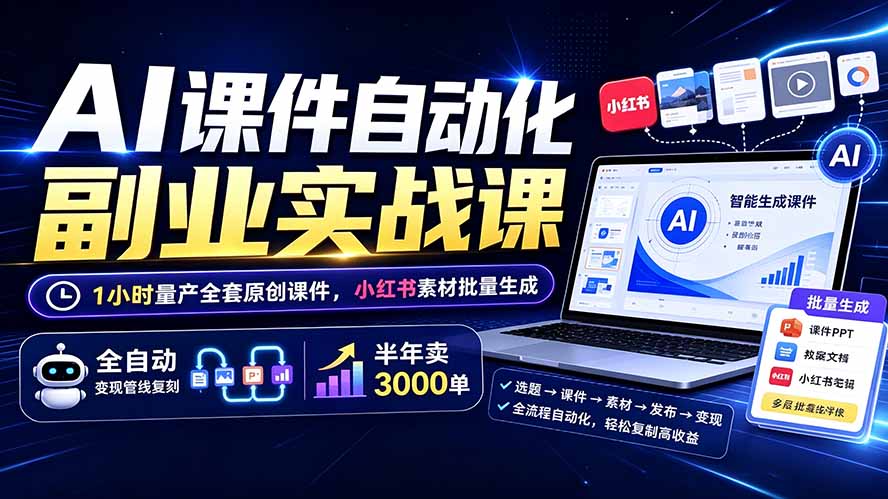 （19518期）AI课件自动化副业实战课：1小时量产全套原创课件×小红书素材批量生成×全自动变现管线×半年卖3000单-靠谱项目库