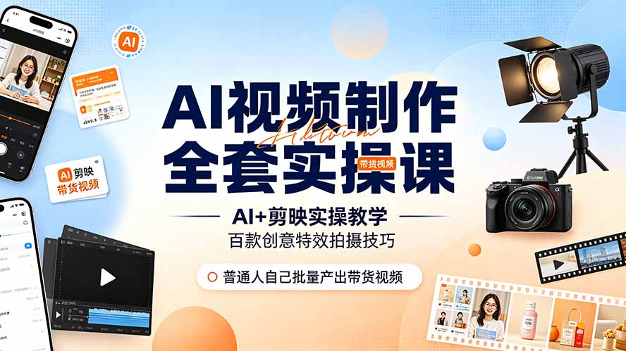 （19200期）AI视频制作全套实操课，多款AI工具搭配剪映教学，百种特效运镜拍摄实操，抖音账号带货运营全覆盖-靠谱项目库
