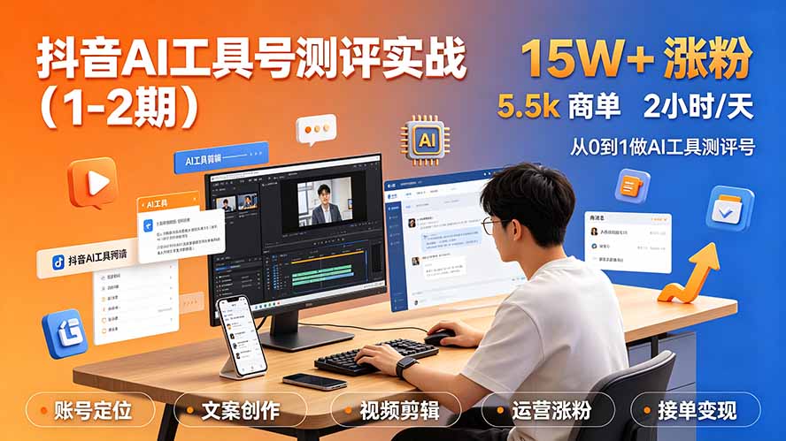 （19380期）抖音AI工具号测评实战（1-2期）：单号涨粉15W+×商单5.5k×伙伴计划×普通人可复制，每天2小时长期可持续-靠谱项目库