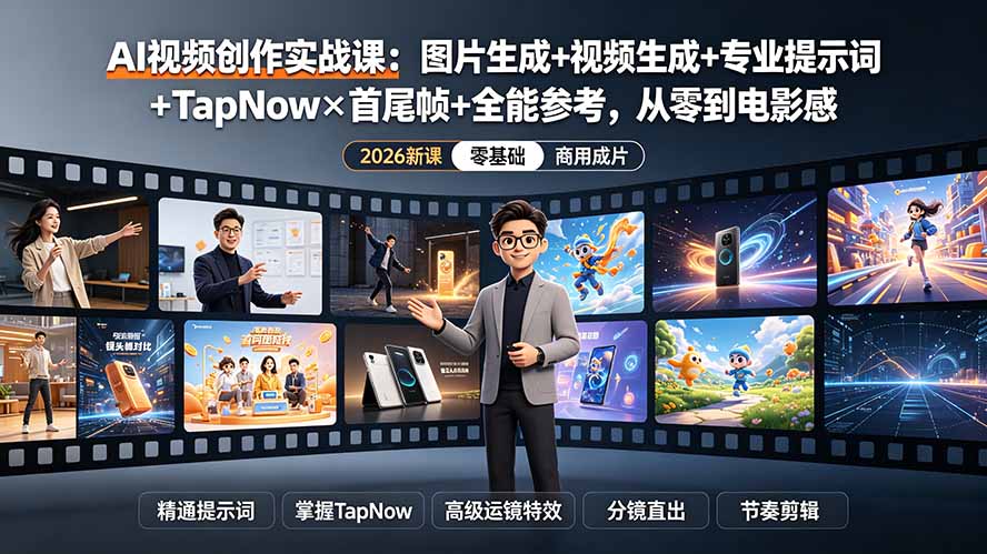 (19383期)AI视频创作实战课:图片生成+视频生成+专业提示词+TapNow×首尾帧+全能参考,从零到电影感成片-靠谱项目库
