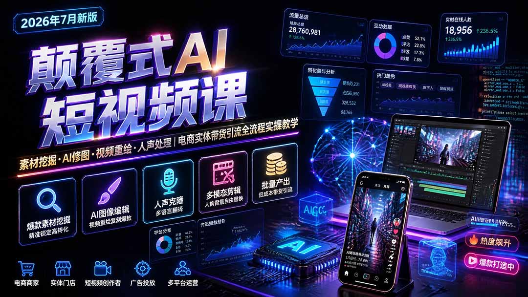 （19630期）颠覆式AI短视频课｜素材挖掘，AI修图，视频重绘，人声处理｜电商实体带货引流全流程实操教学-靠谱项目库