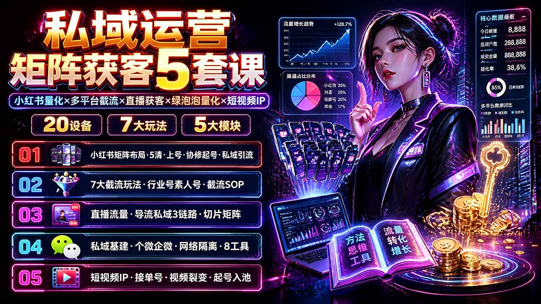 （19617期）私域运营矩阵获客5套课：小红书量化×多平台截流×直播获客×绿泡泡量化×短视频IP×20设备×7大玩法-靠谱项目库