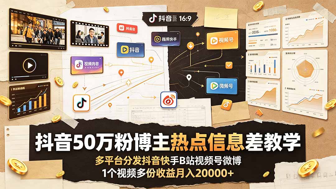 (19145期)抖音50万粉博主热点信息差教学:多平台分发抖音快手B站视频号微博,1个视频多份收益月入20000+-靠谱项目库