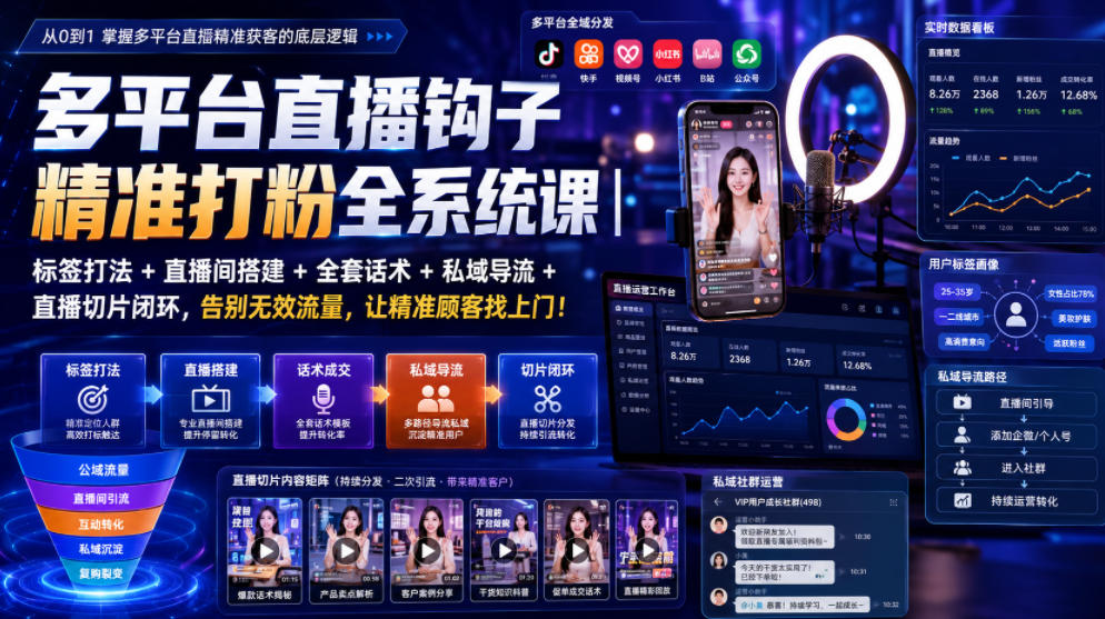 多平台直播钩子精准打粉全系统课｜标签打法+直播间搭建+全套话术+私域导流+直播切片闭环，告别无效流量，让精准顾客找上门！-靠谱项目库