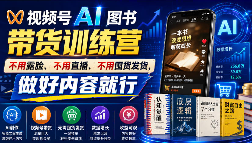 视频号AI图书带货训练营，不用露脸、不用直播、不用囤货发货，做好内容就行，一条爆款视频佣金8942-靠谱项目库