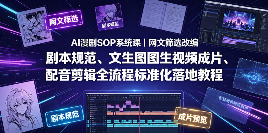 AI漫剧SOP系统课｜网文筛选改编、剧本规范、文生图图生视频成片、配音剪辑全流程标准化落地教程-靠谱项目库