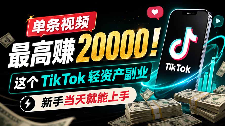 （19457期）单条视频最高赚 20000！这个 TikTok 轻资产副业，新手当天就能上手-靠谱项目库
