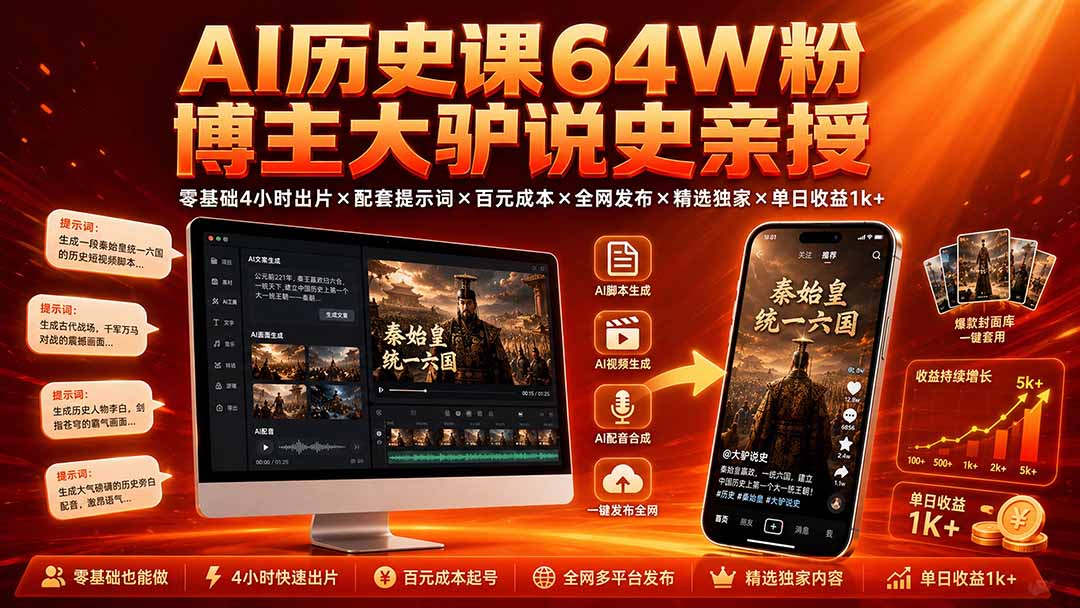 （19557期）AI历史课64W粉博主大驴说史亲授：零基础4小时出片×配套提示词×百元成本×全网发布×精选独家×单日收益1k+-靠谱项目库