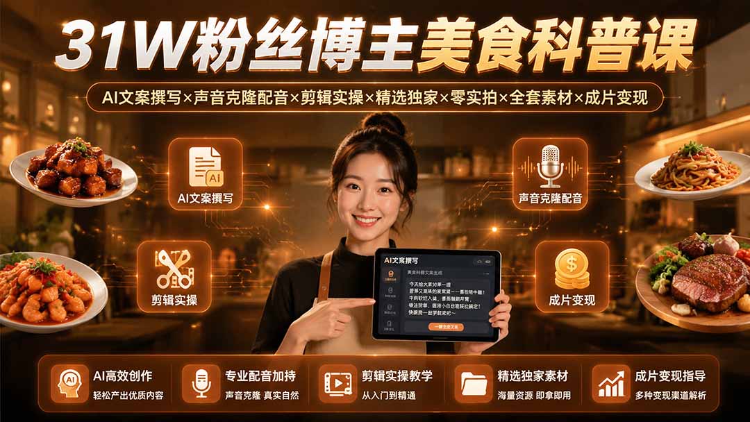 （19558期）31W粉丝博主美食科普课：AI文案撰写×声音克隆配音×剪辑实操×精选独家×零实拍×全套素材×成片变现-靠谱项目库