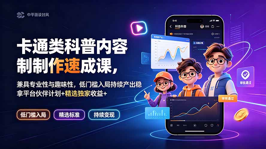 （19234期）卡通类科普内容制作速成课，兼具专业性与趣味性，低门槛入局持续产出稳拿平台伙伴计划+精选独家收益-靠谱项目库