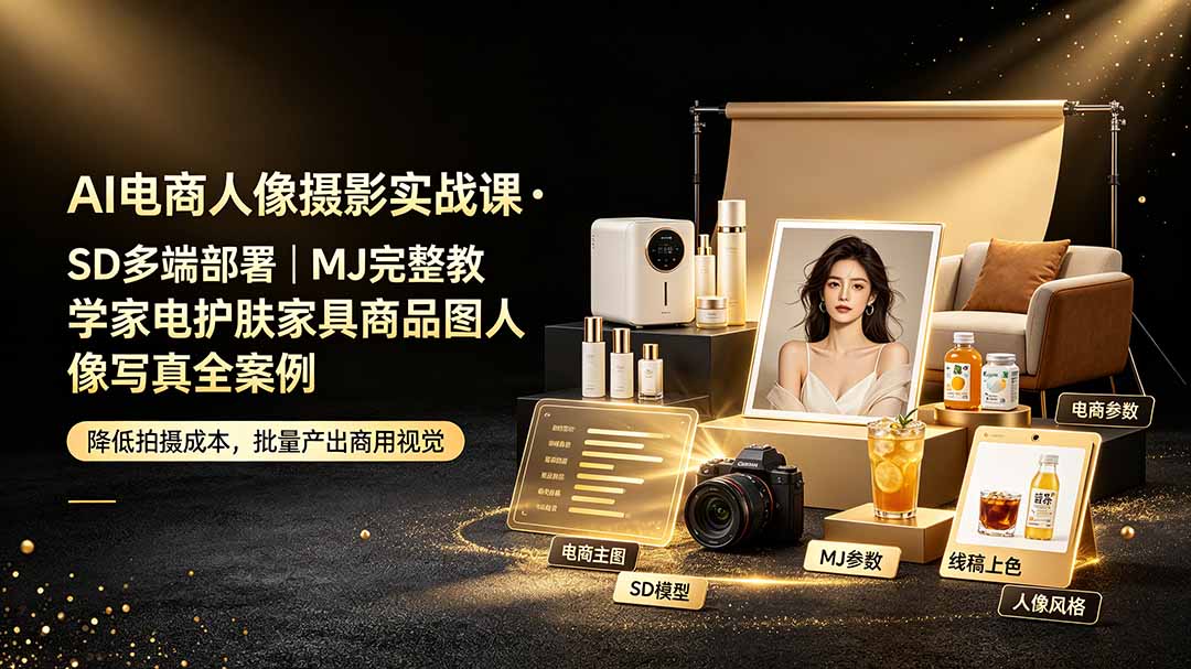 （19262期）AI电商人像摄影实战课·SD多端部署｜MJ完整教学｜家电护肤家具商品图人像写真全案例-靠谱项目库