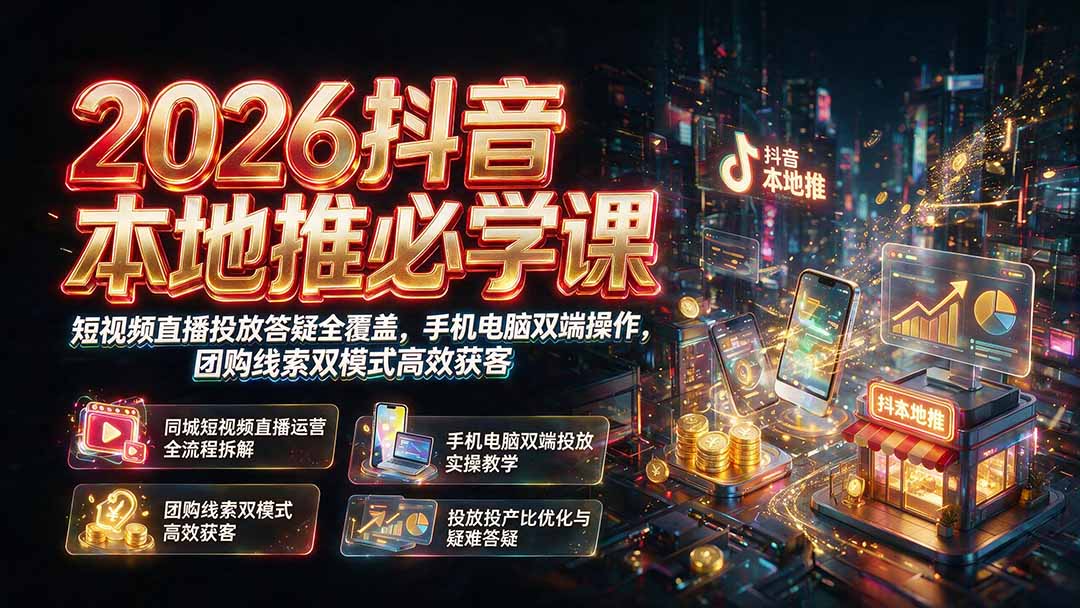 （19618期）2026抖音本地推必学课｜短视频直播投放答疑全覆盖，手机电脑双端操作，团购线索双模式高效获客-靠谱项目库