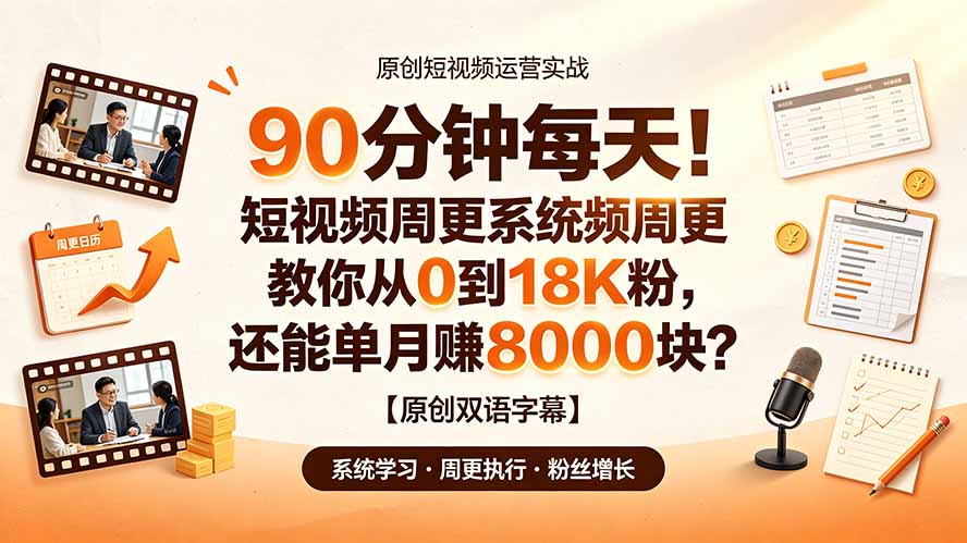 （19265期）90 分钟每天！短视频周更系统教你从 0 到 18K 粉，还能单月赚 8000 块？【原创双语字幕】-靠谱项目库