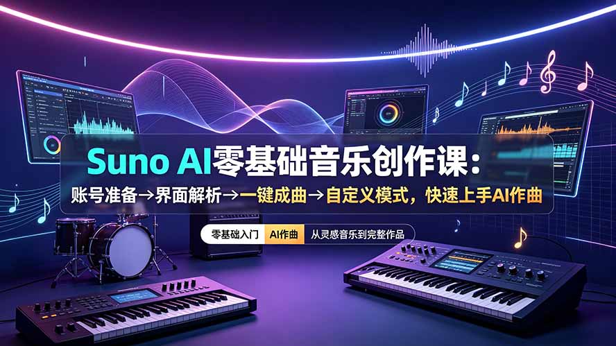 （19264期）Suno AI零基础音乐创作课：账号准备→界面解析→一键成曲→自定义模式，快速上手AI作曲-靠谱项目库
