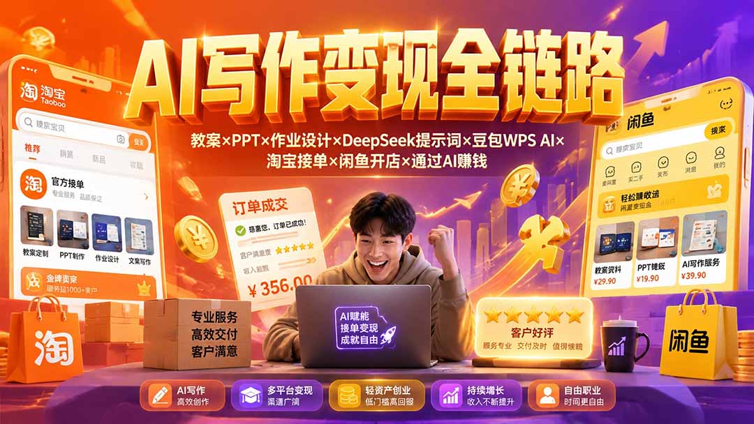 （19561期）2026AI写作变现全链路：教案×PPT×作业设计×DeepSeek提示词×豆包WPS AI×淘宝接单×闲鱼开店×通过AI賺钱-靠谱项目库