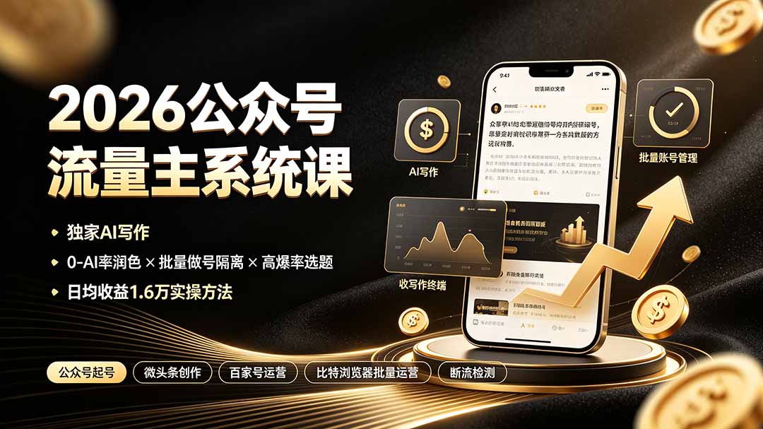 （19405期）2026公众号流量主系统课：独家AI写作×0-AI率润色×批量做号隔离×高爆率选题，日均收益1.6万实操方法-靠谱项目库