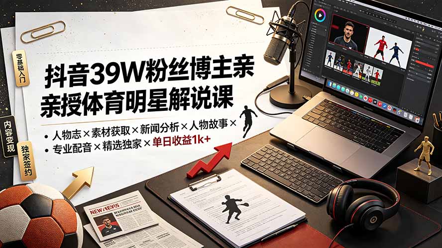 （19476期）抖音39W粉丝博主亲授体育明星解说课：人物志×素材获取×新闻分析×人物故事×专业配音×精选独家×单日收益1k+-靠谱项目库