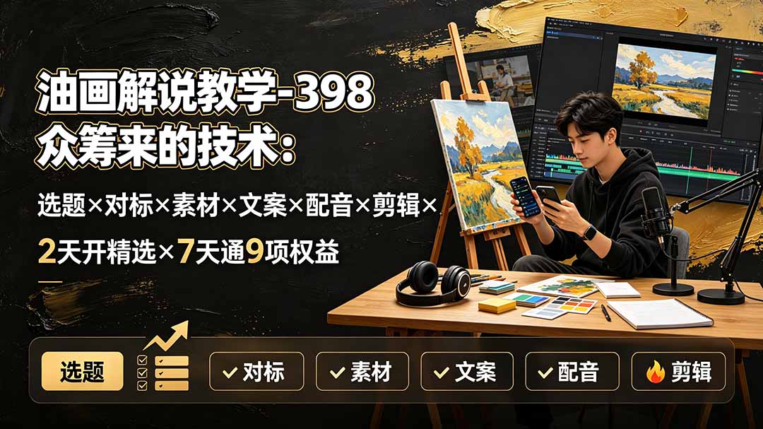(19527期)油画解说教学-398众筹来的技术:选题×对标×素材×文案×配音×剪辑×2天开精选×7天通9项权益-靠谱项目库