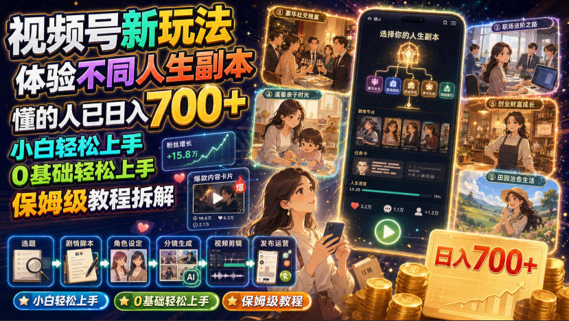 视频号新玩法体验不同人生副本，懂的人已日入700+，小白轻松上手，0基础轻松上手，保姆级教程拆解-靠谱项目库
