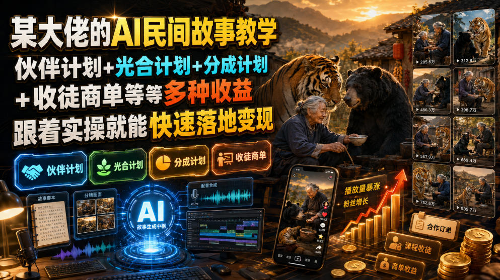 某大佬的AI民间故事教学，伙伴计划+光合计划+分成计划+收徒商单等多种收益，跟着实操就能快速落地变现-靠谱项目库