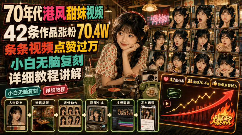70年代港风甜妹视频，42条作品涨粉70.4W，条条视频点赞过万，小白无脑复刻，详细教程讲解-靠谱项目库