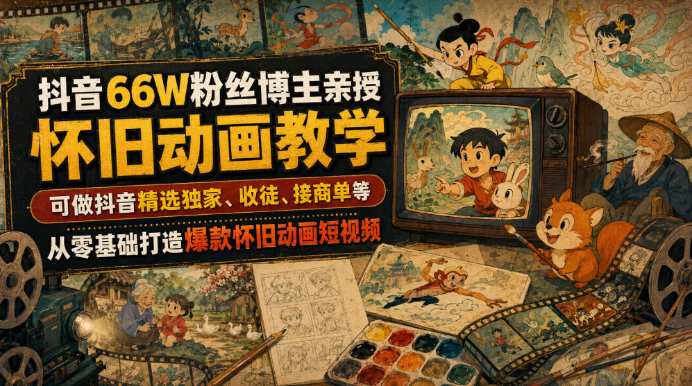 抖音66W粉丝博主亲授怀旧动画教学，可做抖音精选独家、收徒、接商单等，从零基础打造爆款怀旧动画短视频-靠谱项目库