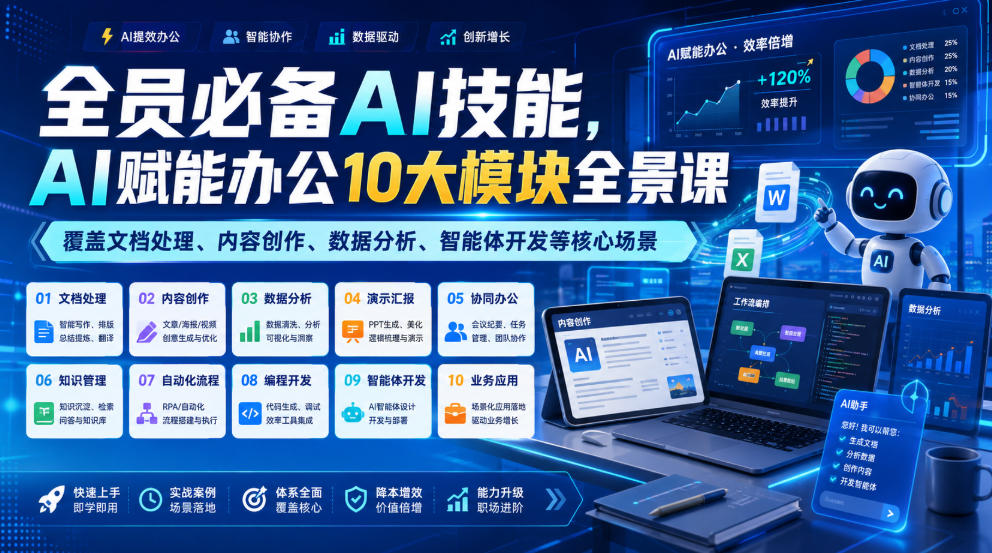 全员必备AI技能，AI赋能办公10大模块全景课，覆盖文档处理、内容创作、数据分析、智能体开发等核心场景-靠谱项目库