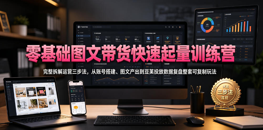 零基础图文带货快速起量训练营，完整拆解运营三步法，从账号搭建、图文产出到豆荚投放数据复盘整套可复制玩法-靠谱项目库