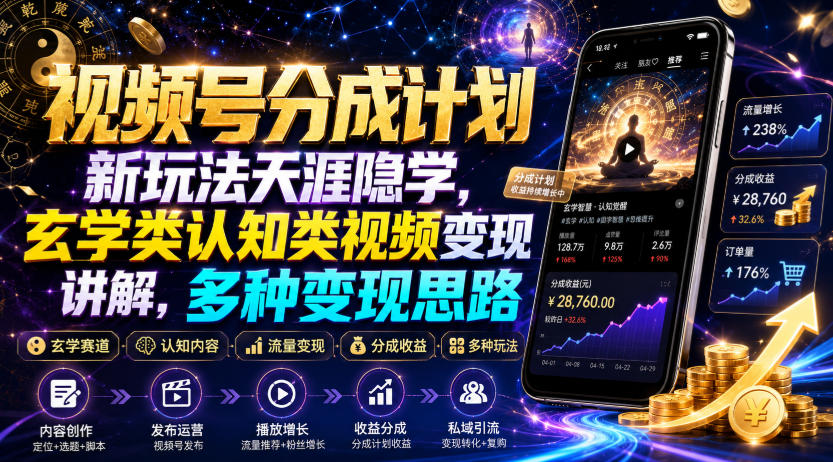 视频号分成计划新玩法天涯隐学，玄学类认知类视频变现讲解，多种变现思路-靠谱项目库