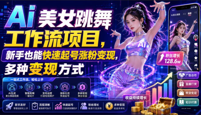 Ai美女跳舞工作流项目，新手也能快速起号涨粉变现，多种变现方式-靠谱项目库