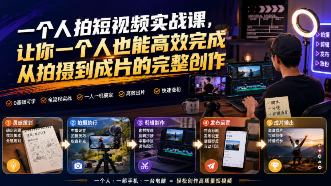 一个人拍短视频实战课，让你一个人也能高效完成从拍摄到成片的完整创作-靠谱项目库