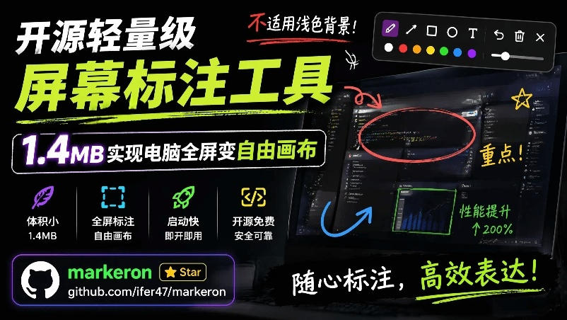开源轻量级屏幕标注工具，1.4MB实现电脑全屏变自由画布！支持8种标注工具和全键盘操控MarkerOn-靠谱项目库