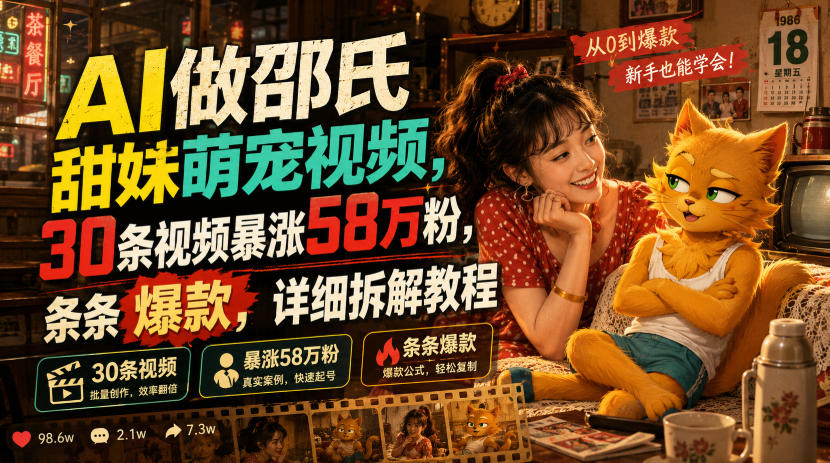 AI做邵氏甜妹萌宠视频，30条视频暴涨58万粉，条条爆款，详细拆解教程-靠谱项目库