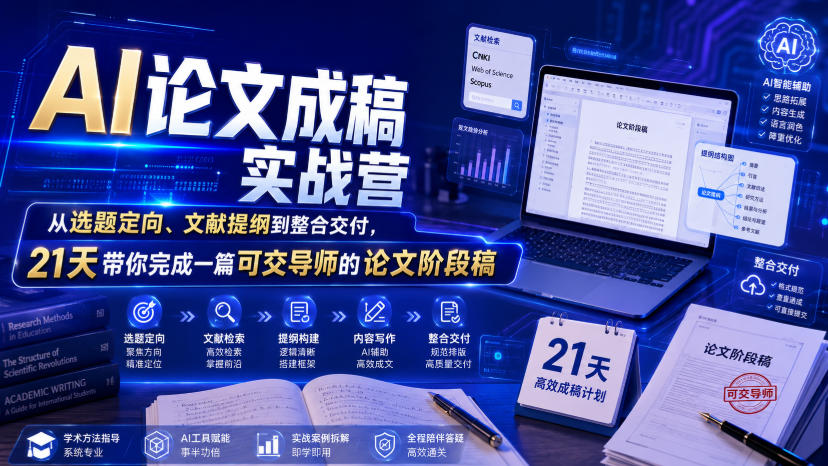 AI论文成稿实战营，从选题定向、文献提纲到整合交付，21天带你完成一篇可交导师的论文阶段稿-靠谱项目库