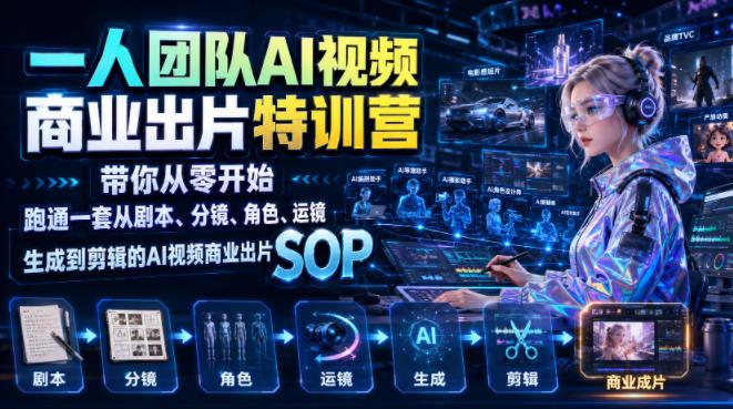 一人团队AI视频商业出片实战课:带你从零开始跑通一套从剧本、分镜、角色、运镜、生成到剪辑的AI视频商业出片SOP-靠谱项目库