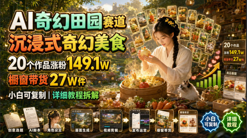 AI奇幻田园赛道，沉浸式奇幻美食，20个作品涨粉149.1W，橱窗带货27W件，小白可复制，详细教程拆解-靠谱项目库