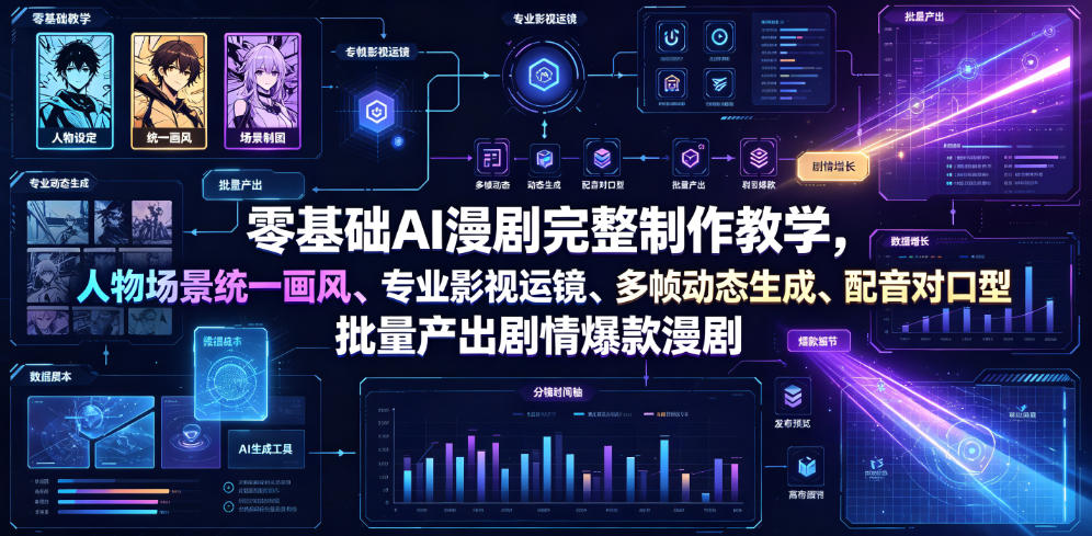 零基础AI漫剧完整制作教学,人物场景统一画风、专业影视运镜、多帧动态生成、配音对口型,批量产出剧情爆款漫剧-靠谱项目库