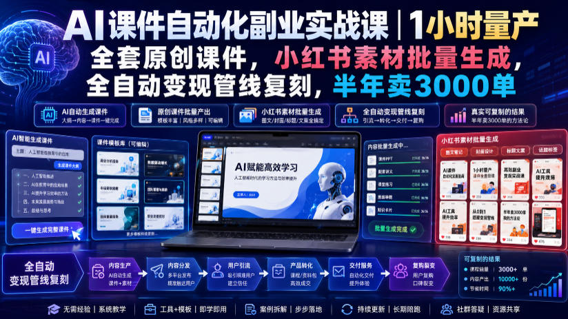 AI课件自动化副业实战课｜1小时量产全套原创课件，小红书素材批量生成，全自动变现管线复刻，半年卖3000单-靠谱项目库