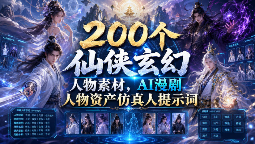 200个仙侠玄幻人物素材,AI漫剧人物资产仿真人提示词-靠谱项目库