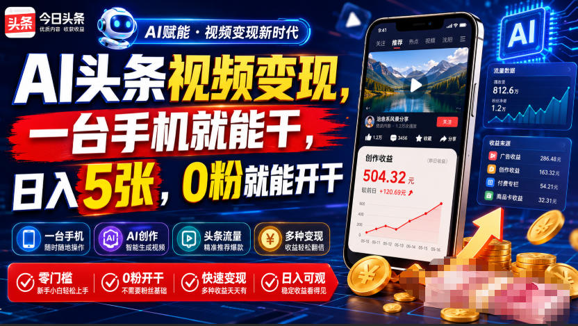 AI头条视频变现，一台手机就能干，日入5张，0粉就能开干-靠谱项目库