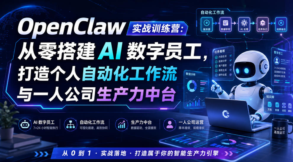 OpenClaw实战训练营：从零搭建AI数字员工，打造个人自动化工作流与一人公司生产力中台-靠谱项目库