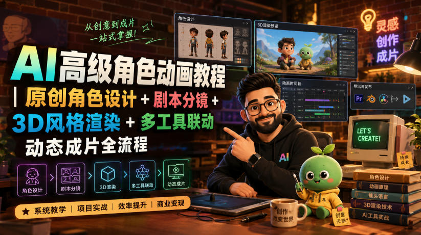 AI高级角色动画教程｜原创角色设计+剧本分镜+3D风格渲染+多工具联动动态成片全流程【中英字幕】-靠谱项目库