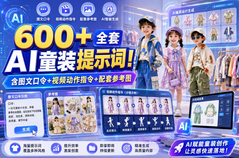 600+全套AI童装提示词！含图文口令+视频动作指令+配套参考图，Word-Excel规整分类，童装电商、种草无脑量产内容！-靠谱项目库