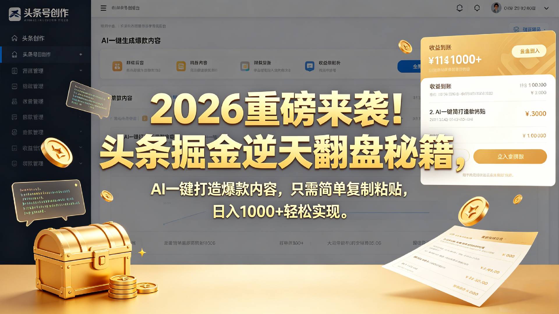 2026 重磅来袭！头条掘金逆天翻盘秘籍，AI 一键打造爆款内容，只需简单复制粘贴，日入 1000 + 轻松实现！-靠谱项目库
