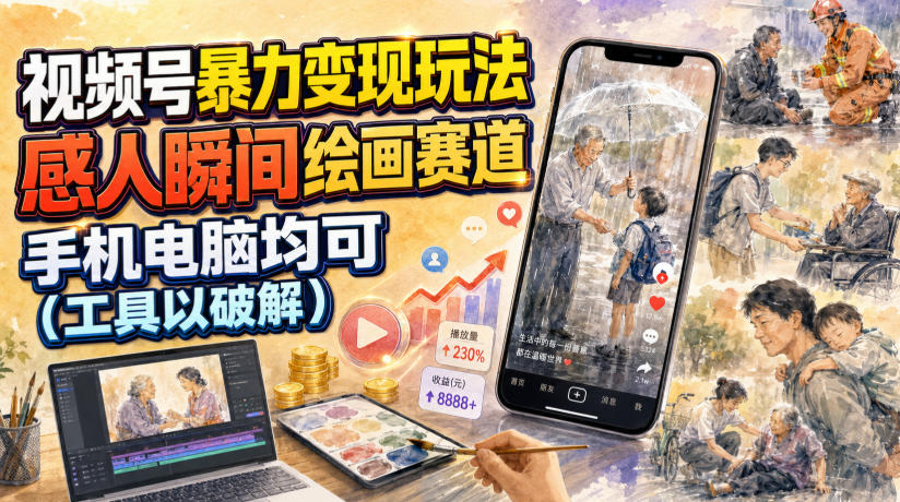 视频号暴力变现玩法，感人瞬间绘画赛道，手机电脑均可-靠谱项目库