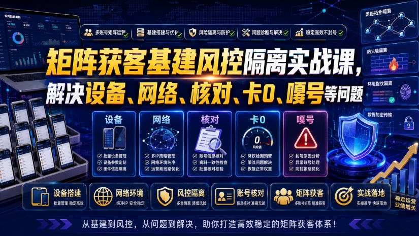 矩阵获客基建风控隔离实战课，解决设备、网络、核对、卡0、嘎号等问题-靠谱项目库