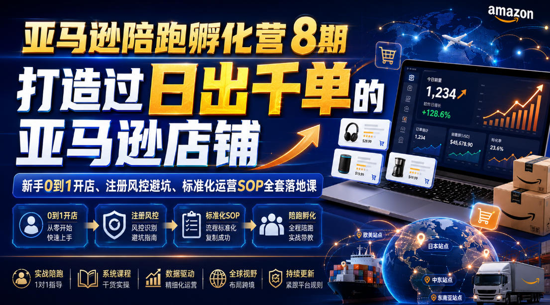 亚马逊陪跑孵化营8期，打造过日出千单的亚马逊店铺，新手0到1开店、注册风控避坑、标准化运营SOP全套落地课-靠谱项目库