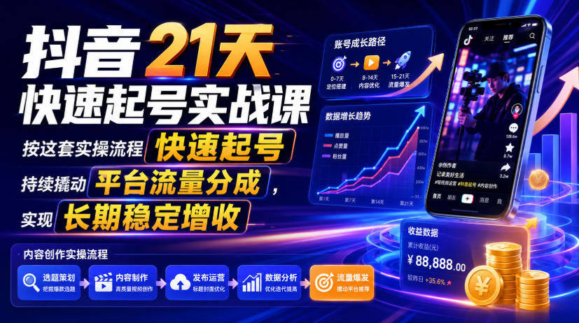 抖音21天快速起号实战课，按这套实操流程快速起号，持续撬动平台流量分成，实现长期稳定增收-靠谱项目库